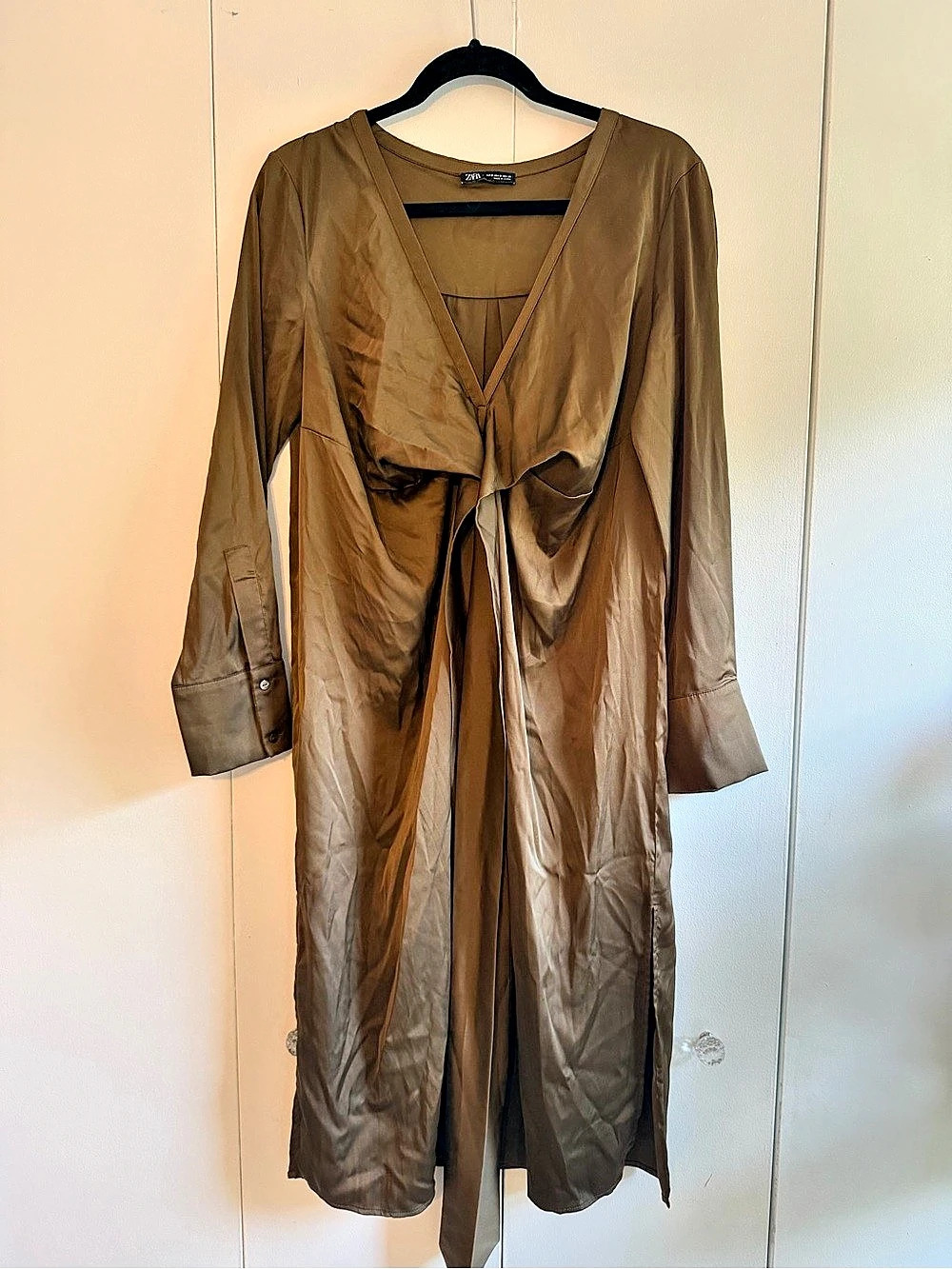 Zara Satin Twist-Front Midi Dress Brown Medium